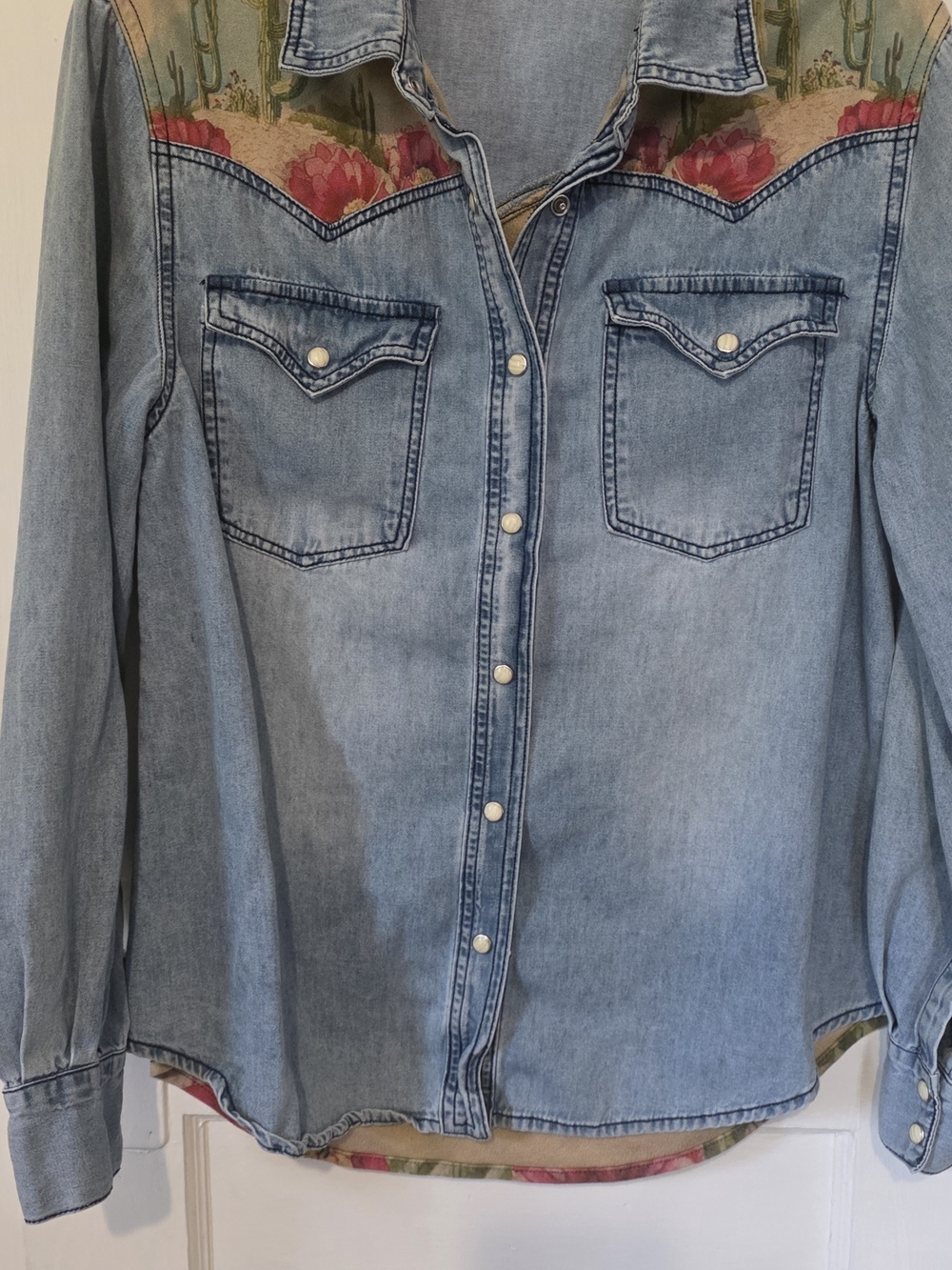 Express Light Wash Denim Western Shirt with Floral Yoke